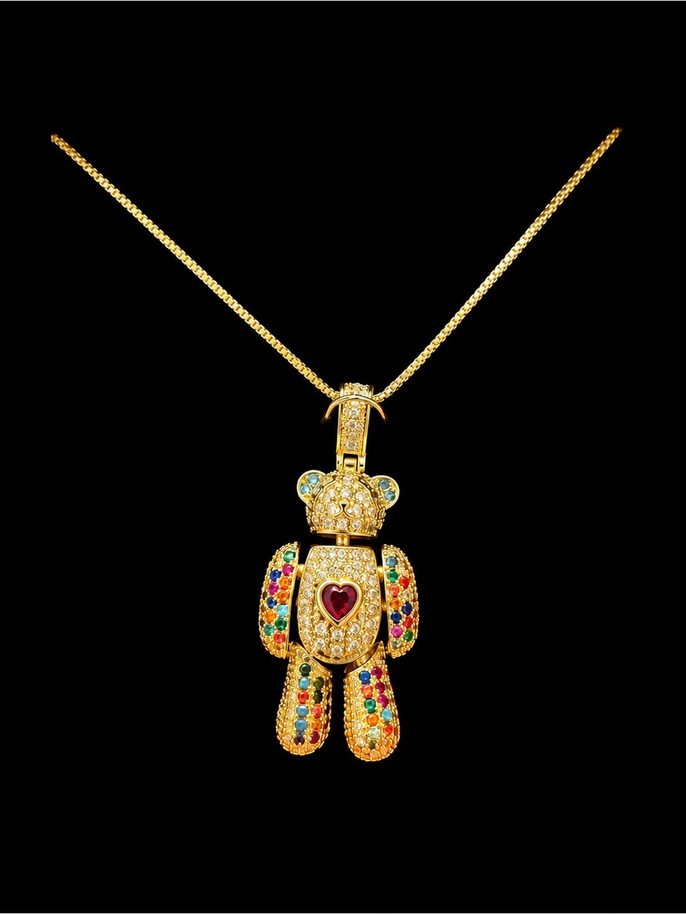 Gold-Tone Multicolor Teddy Pendant Necklace with Red Heart